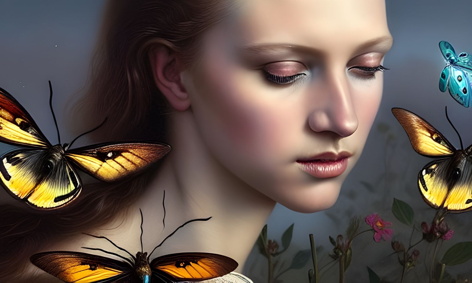 Beautiful Woman Surrounded by Moths in Hyperrealism