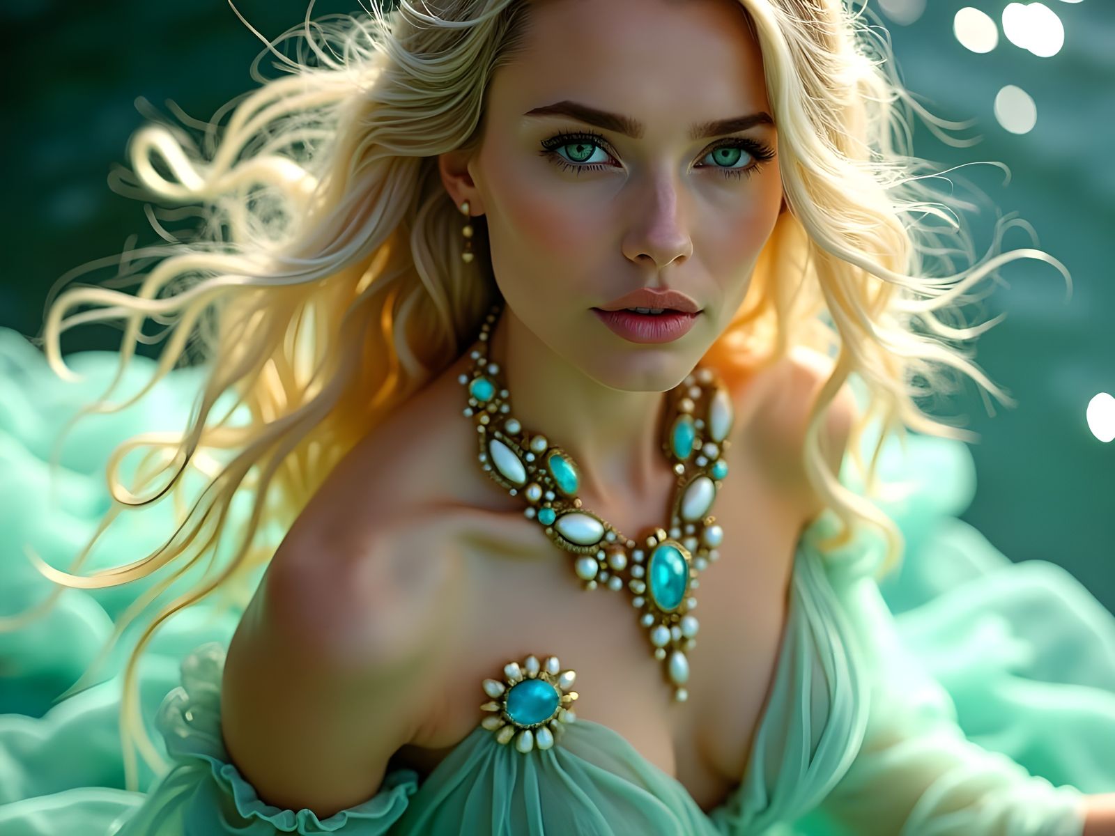 Siren in Sea-foam Green Gown Singing to a Chained Hero