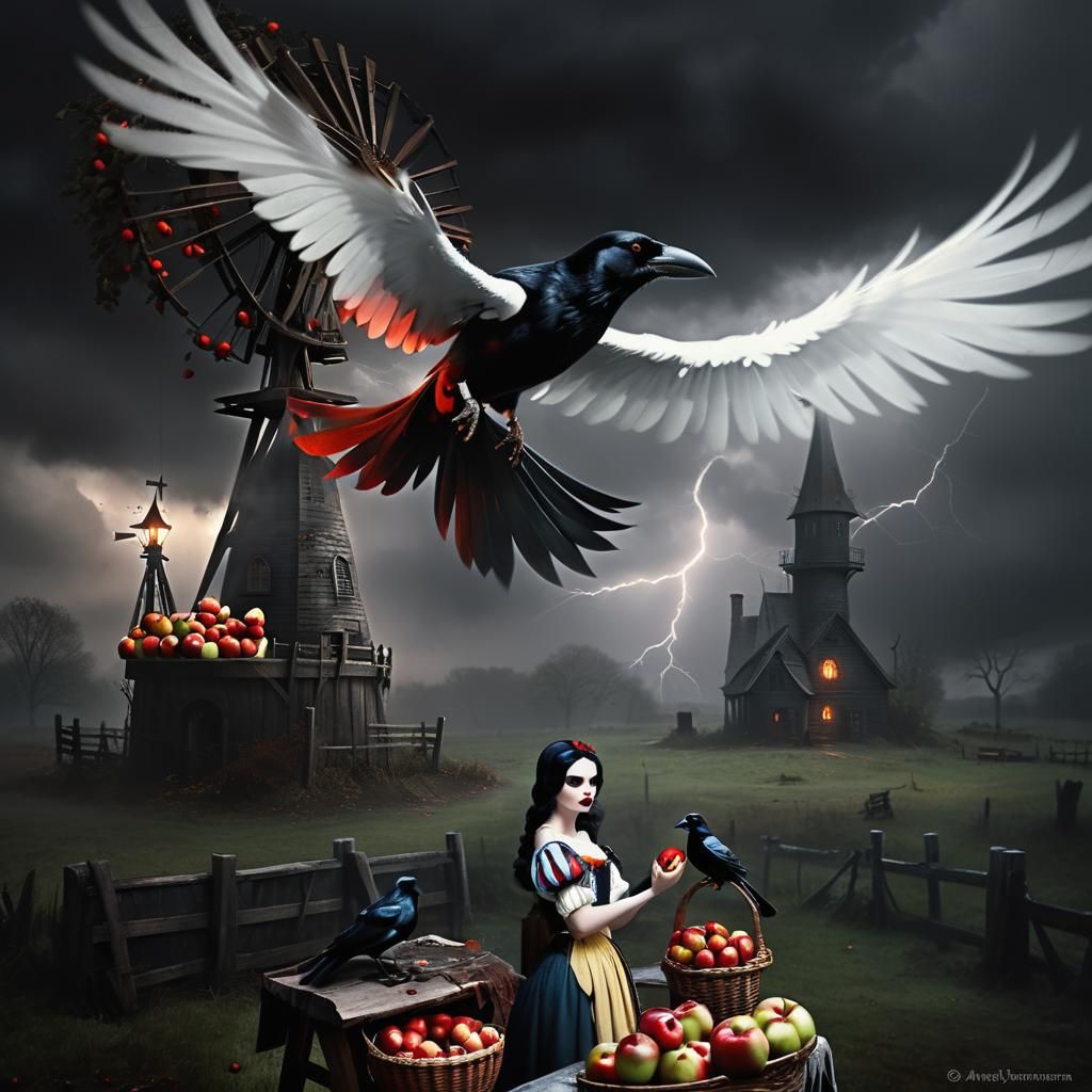Whimsical Snow White Scene with Crow and Red Apples