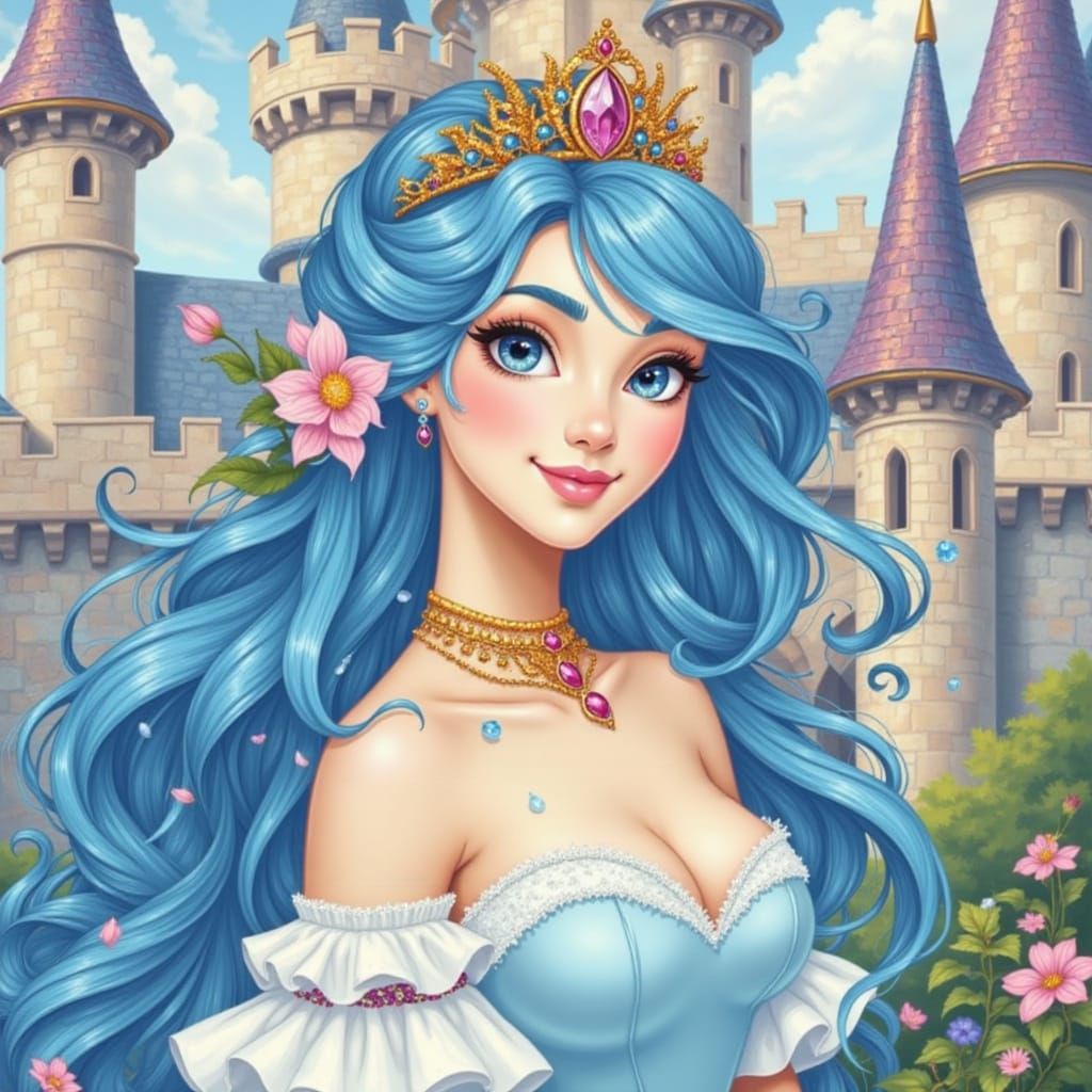 Princess in Castle with Blue Hair and Flower Tiara