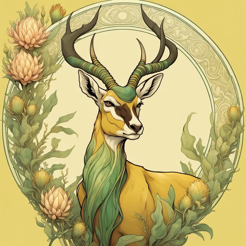 Springbok in Art Nouveau Style With Protea Flowers