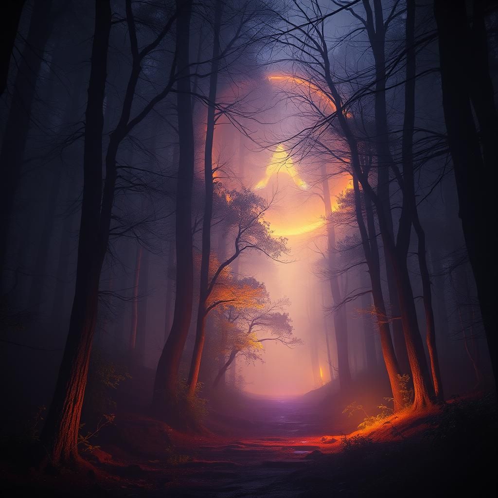 Faint Glow in Dark Misty Forest, Fantasy Art