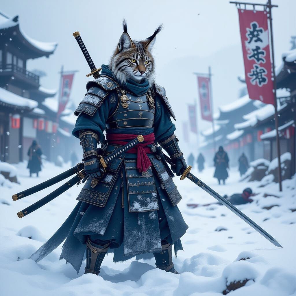 Lynx Samurai on Battlefield in Dark Fantasy Style
