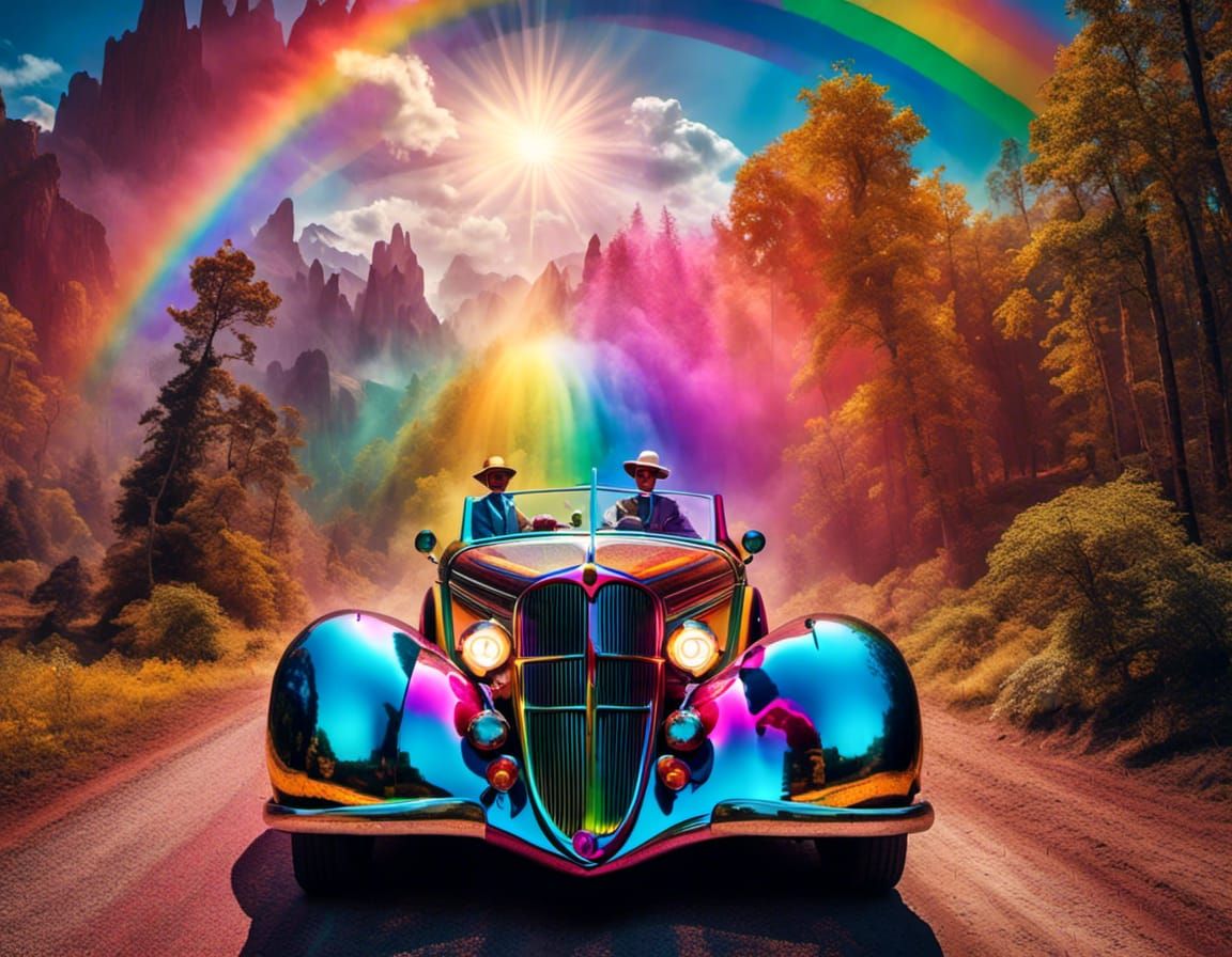 Vintage Hotrod Under Rainbow in Pop Surrealism