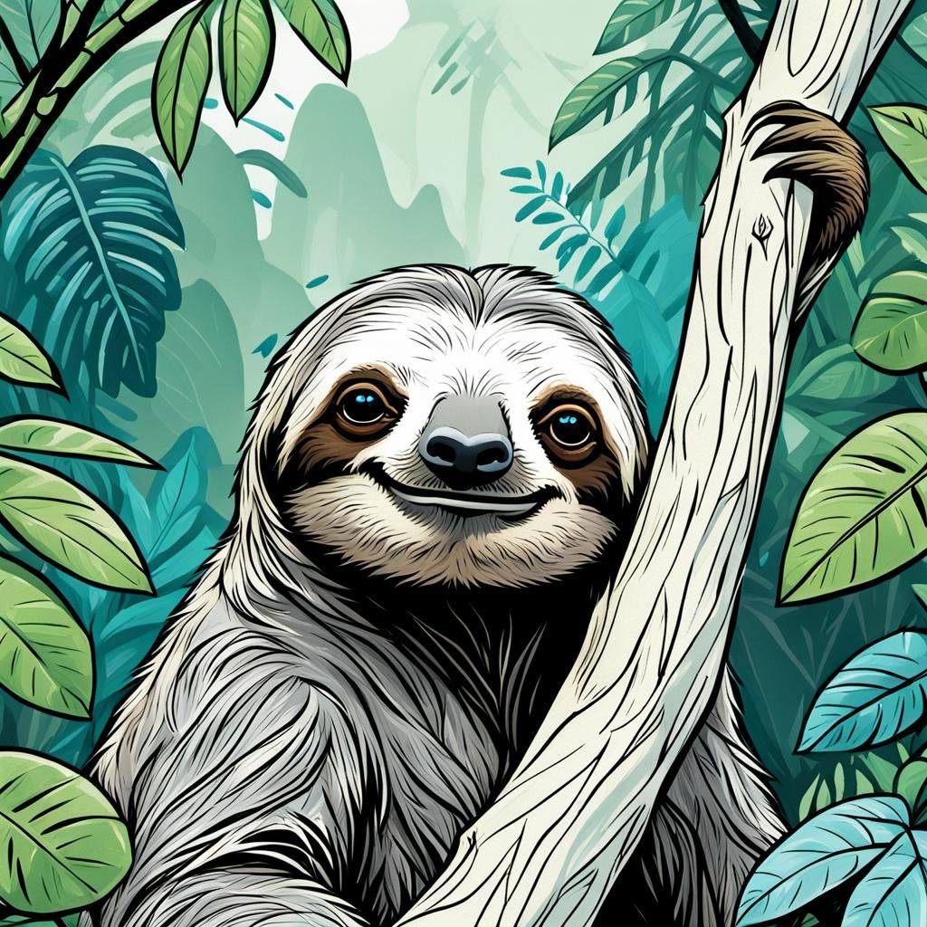 Happy Sloth in Vibrant Jungle: Digital Art