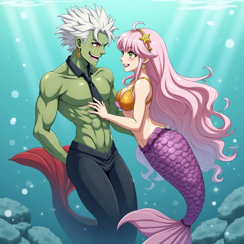 Anime Merman and Mermaids with Colorful Tails