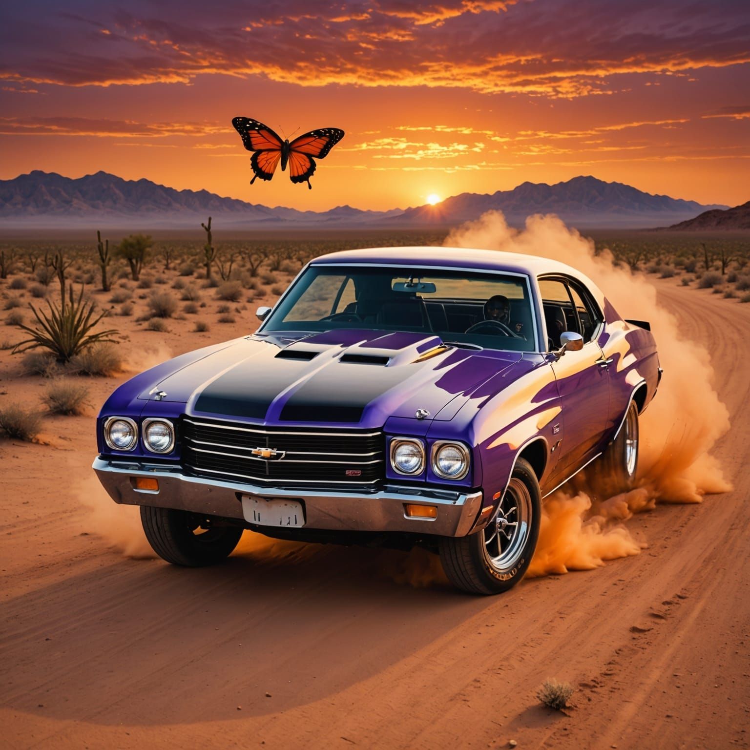 1970 Chevy Chevelle SS Roaring Through Desert Sunset