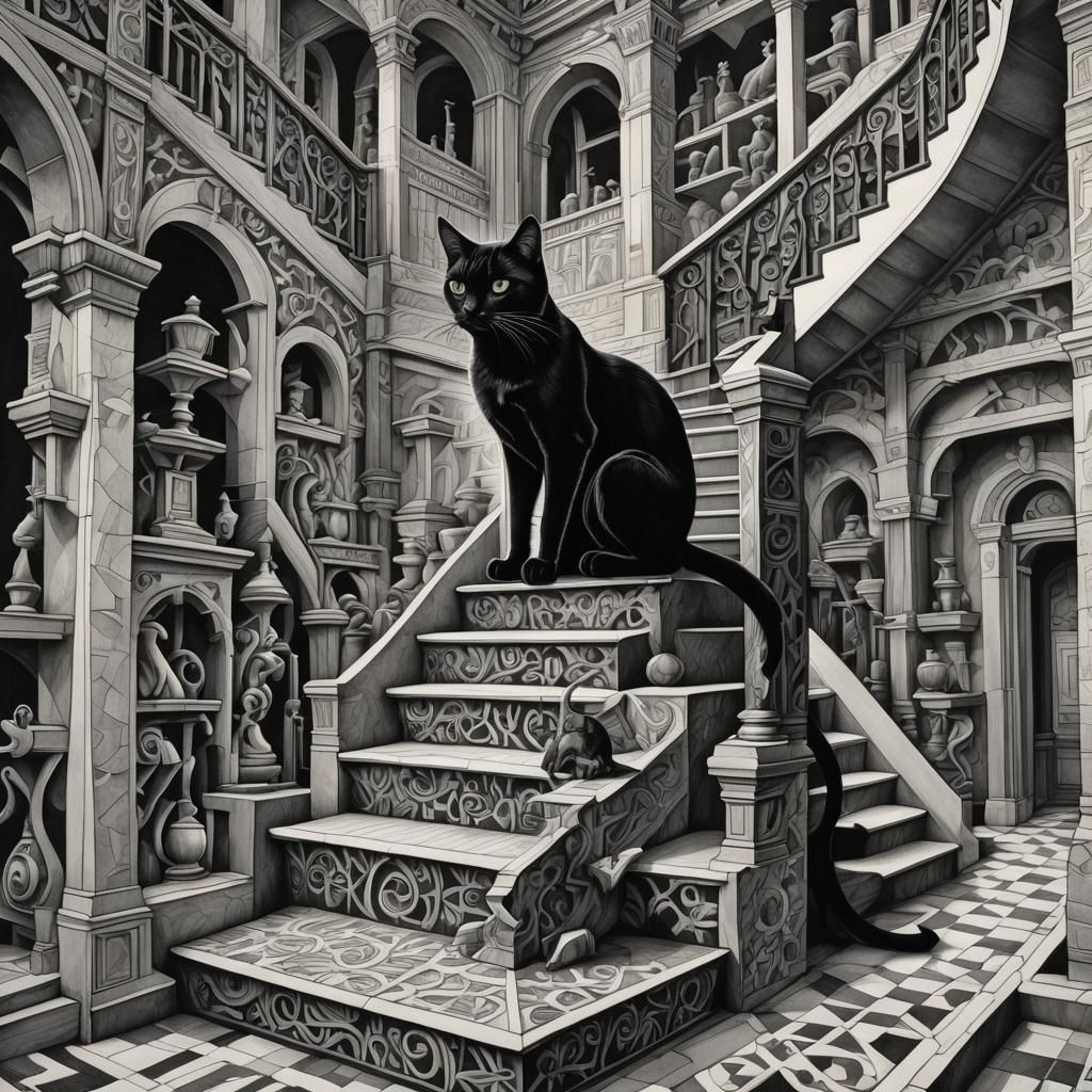 Black Cat on Staircase in M.C. Escher Style