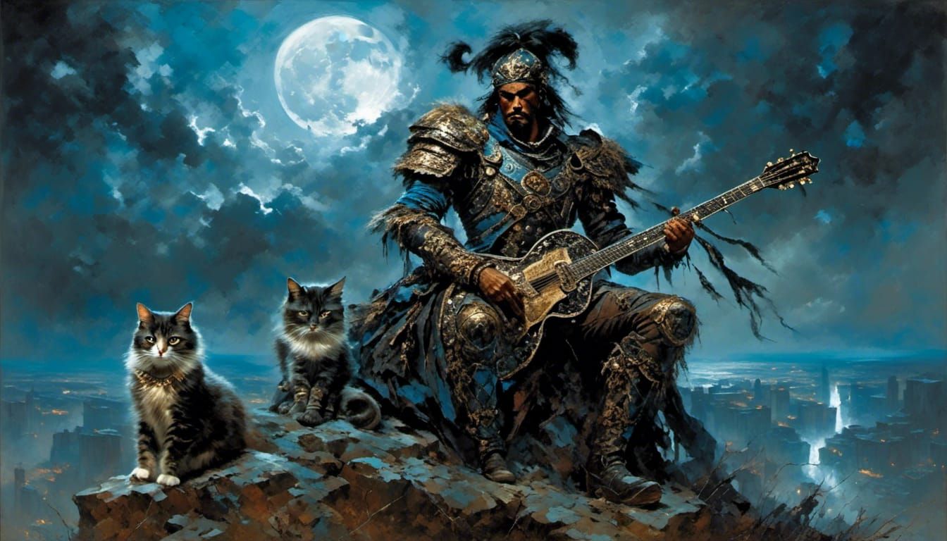 Fantasy Guitarist in Stormy Landscape