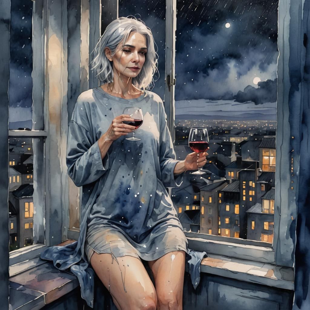 Woman with Wine Glass Gazing at Rainy Night