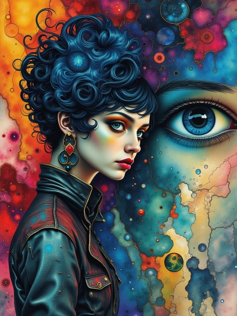 Surreal Gothic Woman in Watercolor Alcohol Ink Style