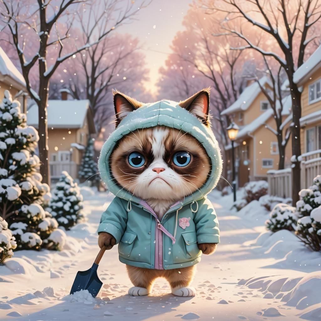 Kawaii Grumpy Cat Shovels Snow in Sunshine