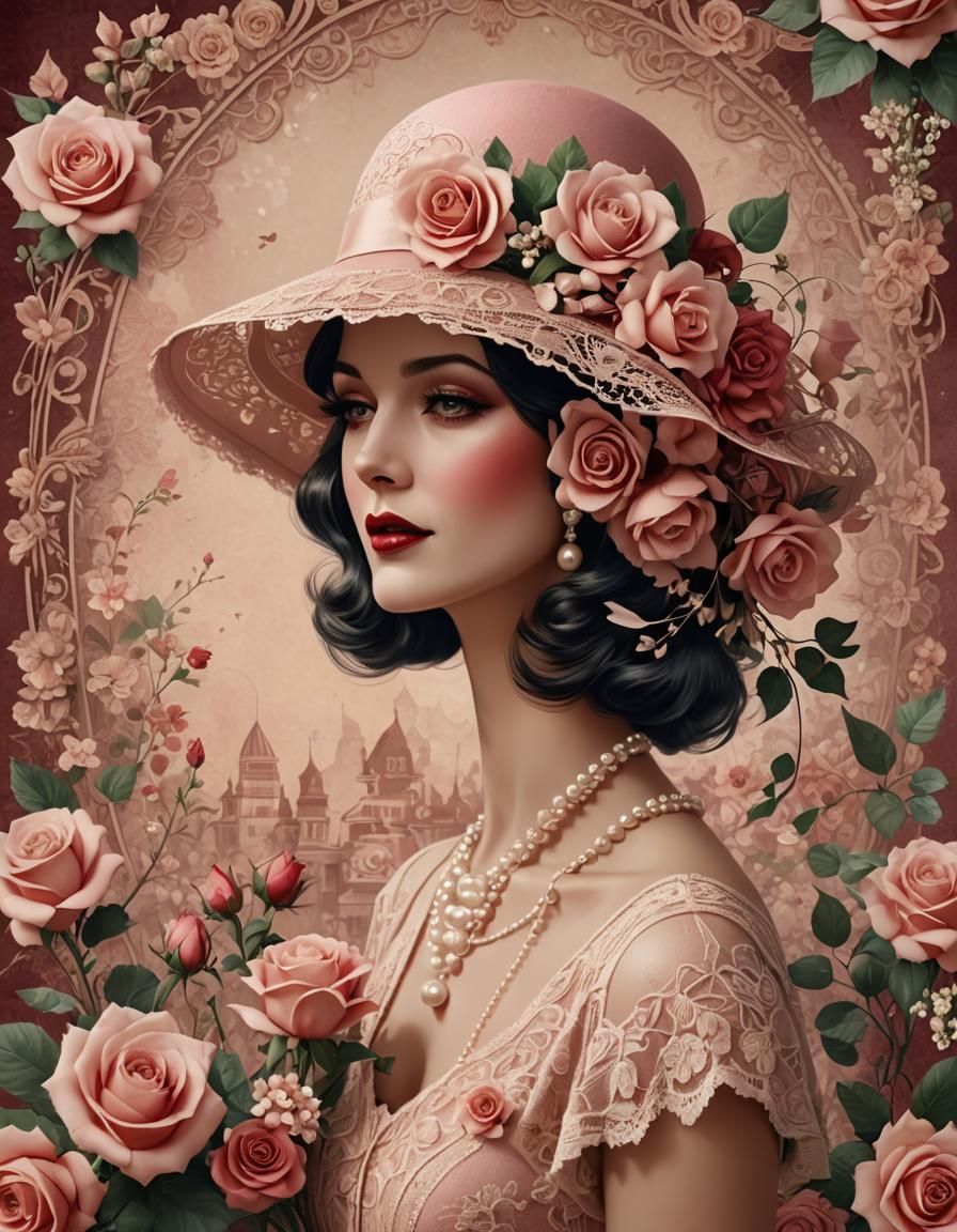 Vintage 1930s Lady with Rose Hat Art