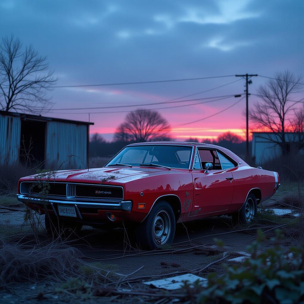 Abandoned 1969 Dodge Charger in Twilight Junkyard
