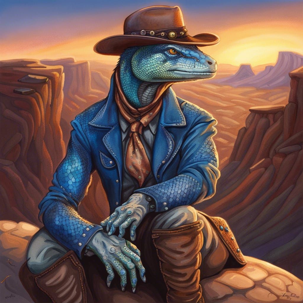 Lizard Cowboy at Sunset in Watercolor Style