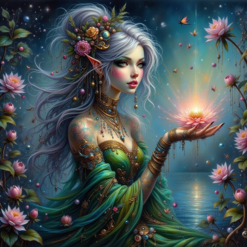 Asian Woman in Emerald Gown by Misty Lake at Twilight