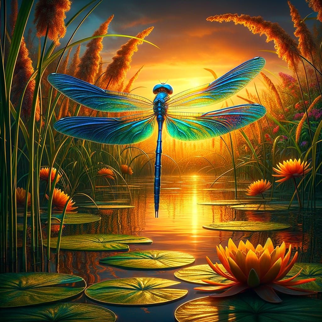 Hyper-Realistic Dragonfly at Sunset Lake