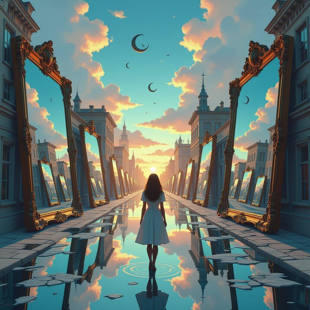 Dreamlike City with Melting Mirrors, in Surrealist Style