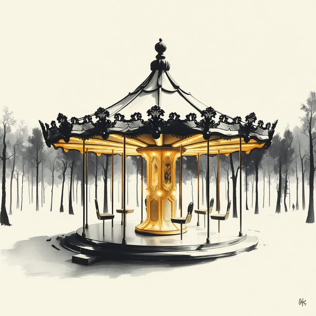Ethereal Carousel in Forest with Gold Leaf