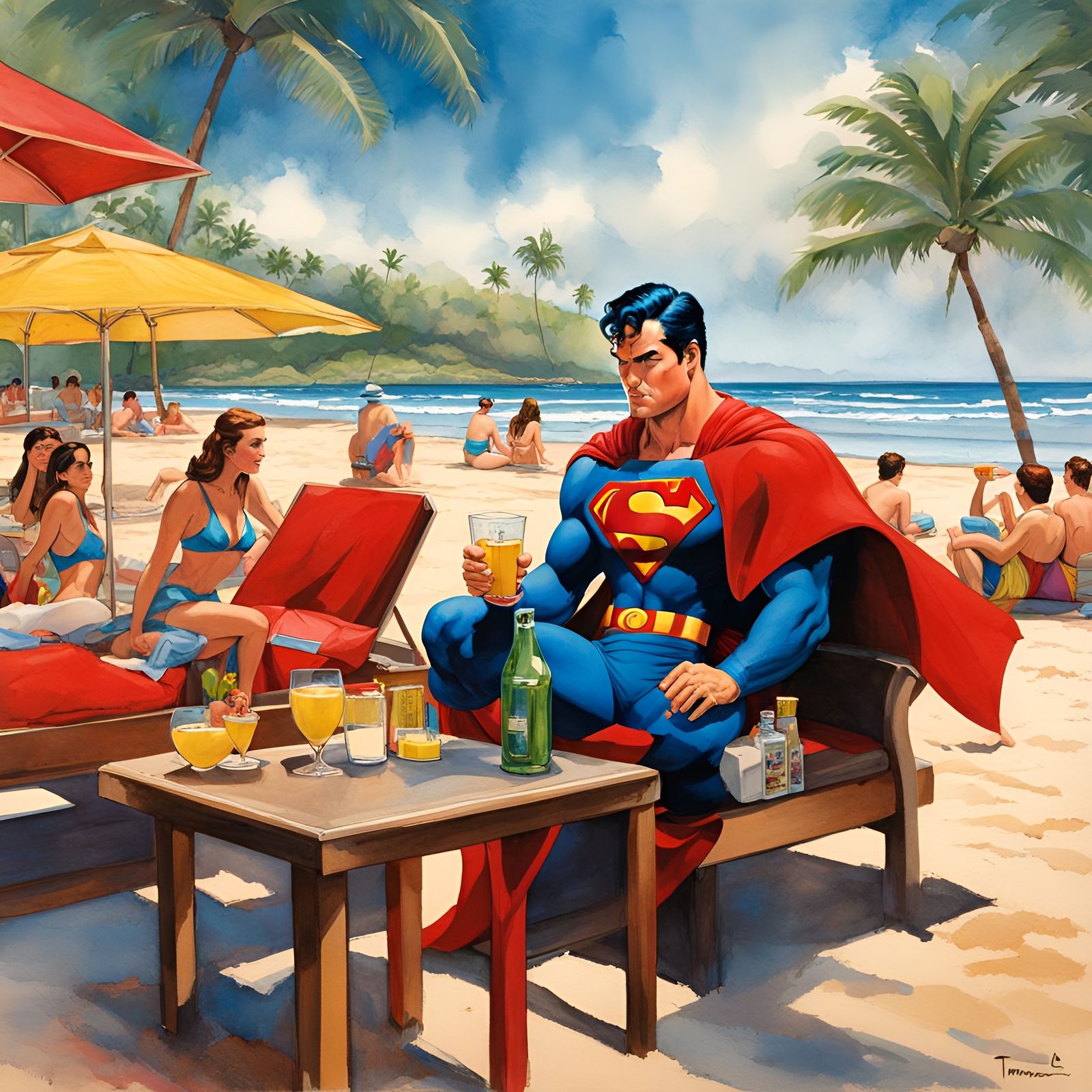 Superman on Vacation: Comic Art Beach Scene