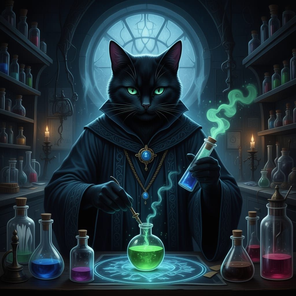Gothic Cat Brews Potion in Mystic Secret Lab