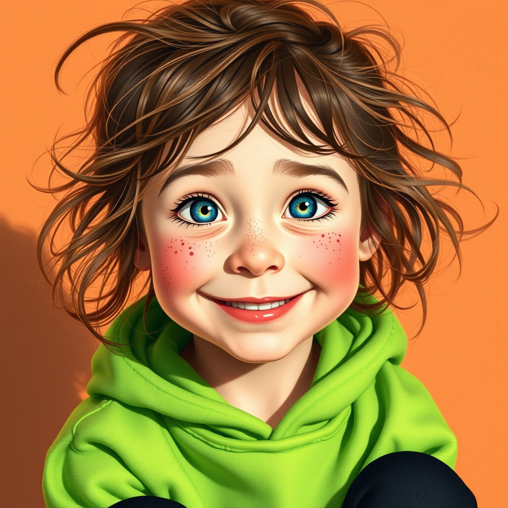 Girl with Freckles and Green Hoodie, Whimsical Art