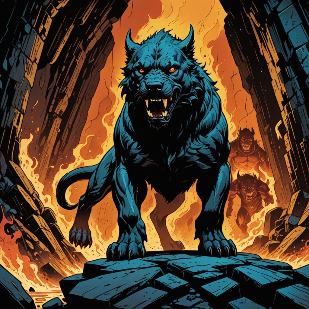 Grim Comic Book Hellhound Guards Cave Entrance