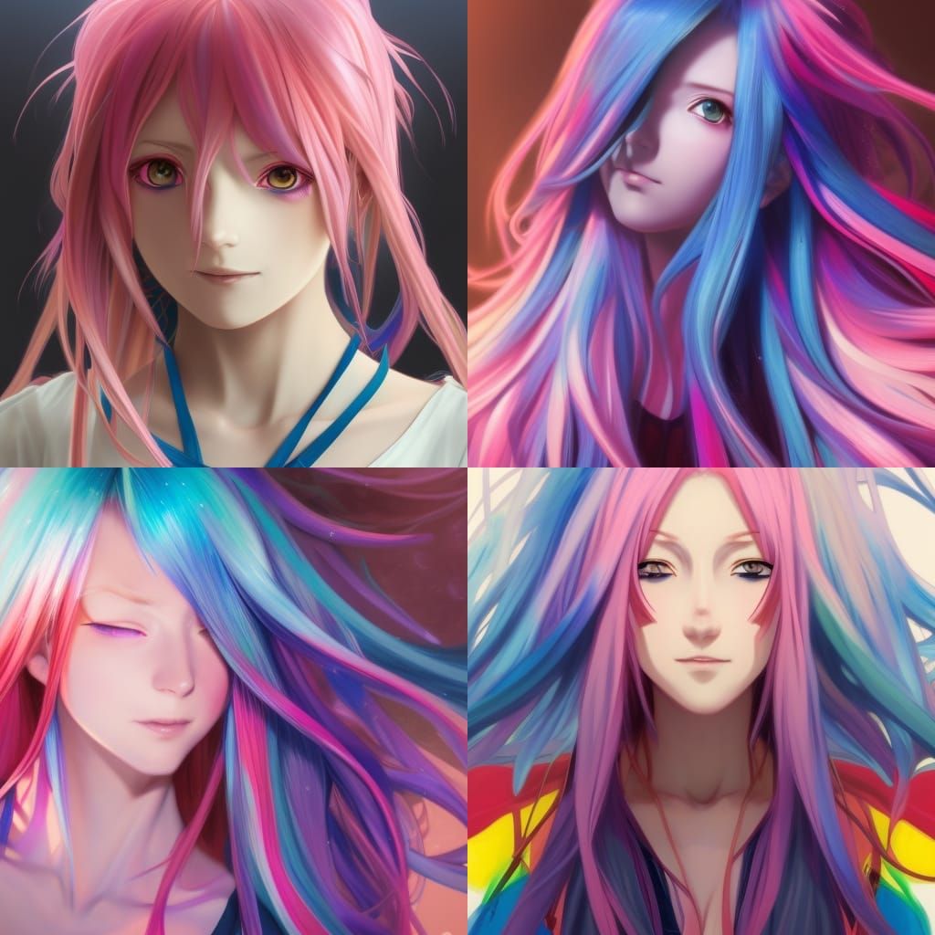 Anime Character Portrait with Rainbow Hair and Horns