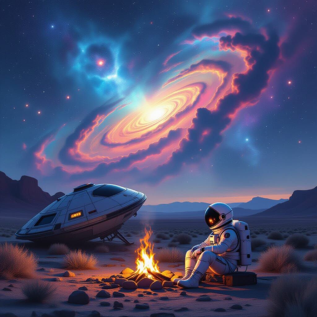 Astronaut Gazes at Nebula by Crashed Spaceship