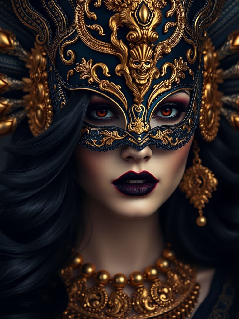 Mysterious Woman in Gold & Black Headdress and Mask