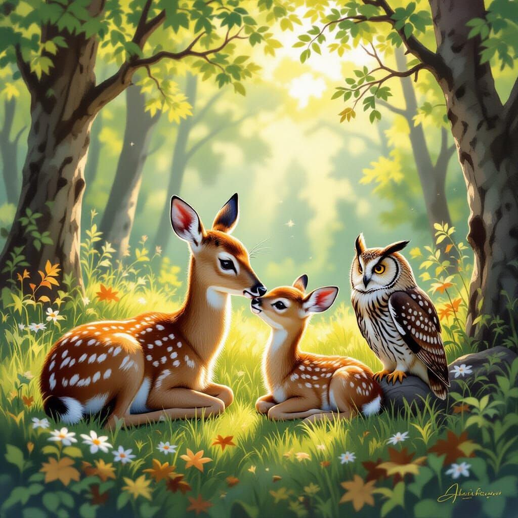 Mother Deer and Fawn in Woodland Clearing Oil Painting
