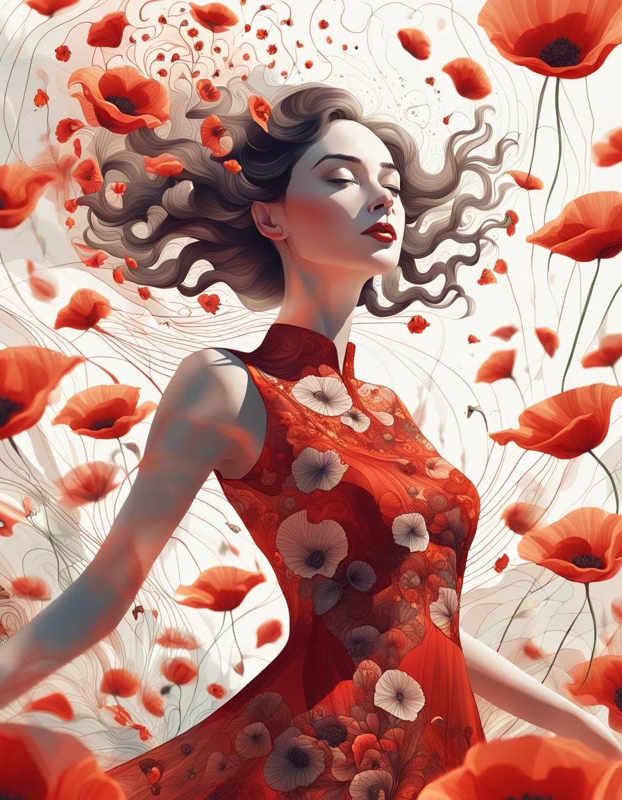 Woman in Poppy Dress: Zentangle Style Portrait