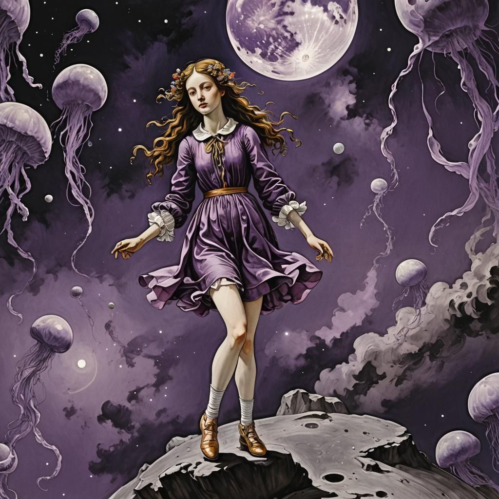 Girl on Moon with Space Jellyfish in Ink Print Style