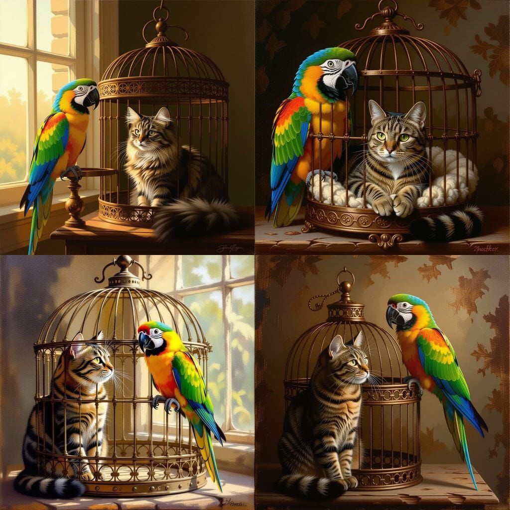 Tabby Cat and Parrot in Vintage Birdcage Painting