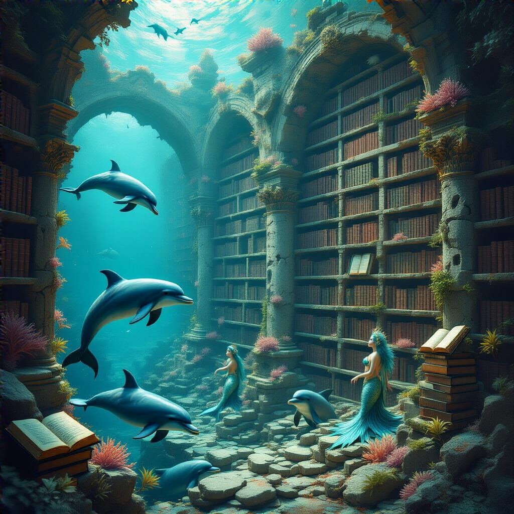 Coral Library Concept Art: Merfolk & Dolphins in Ethereal Ru...
