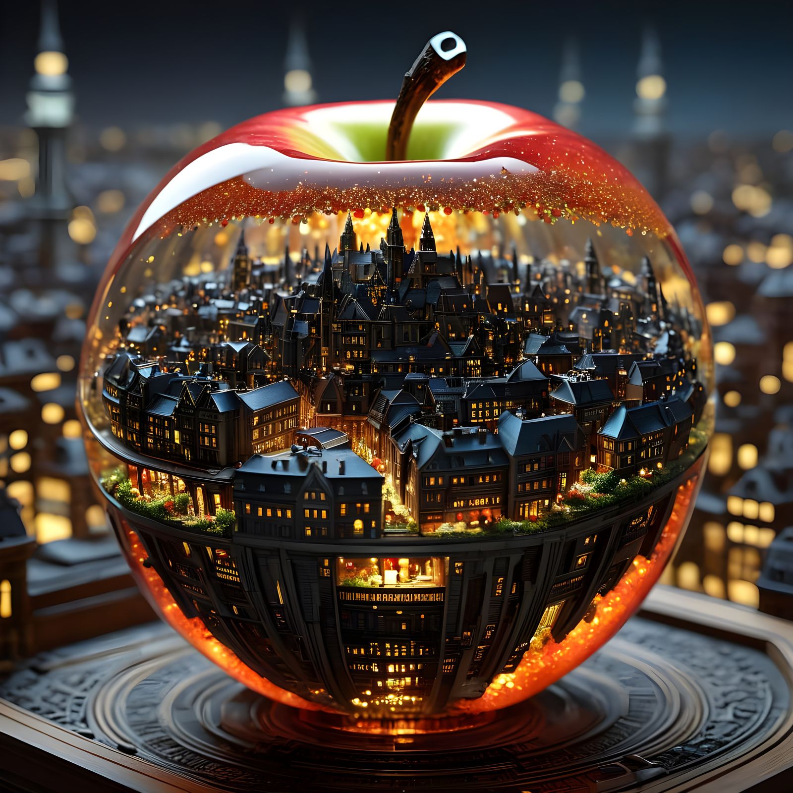Cityscape Inside a Resin Apple: Macro Shot