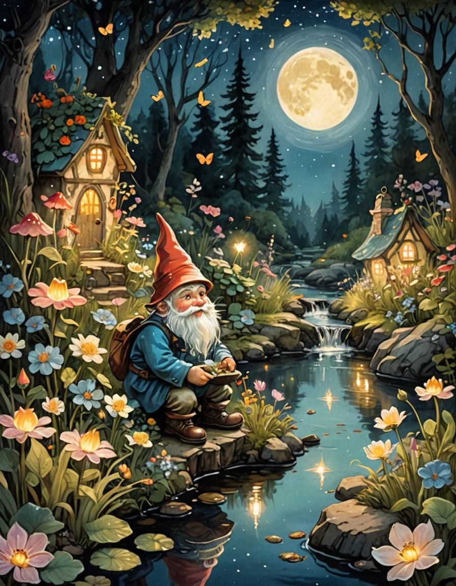 Gnome in Magical Garden: Storybook Illustration