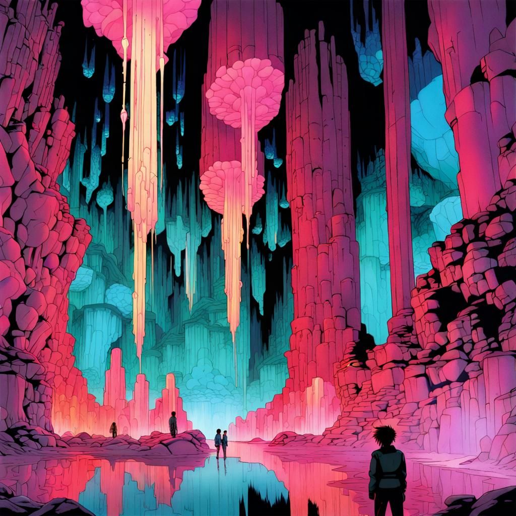 Cyberpunk Cavern City with Neon Crystals