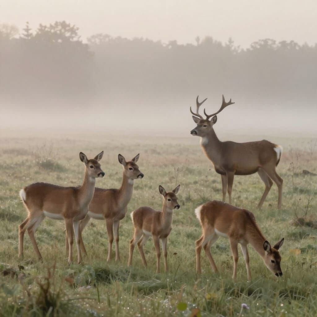 Deer Grazing in Foggy Foothills Meadow