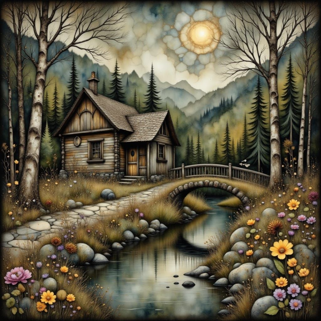 Enchanting Watercolor Marble Scenery with Cozy Cottage