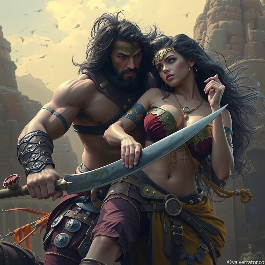 Barbarian Hero Protects Exquisite Maiden in a Dark Fantasy R...