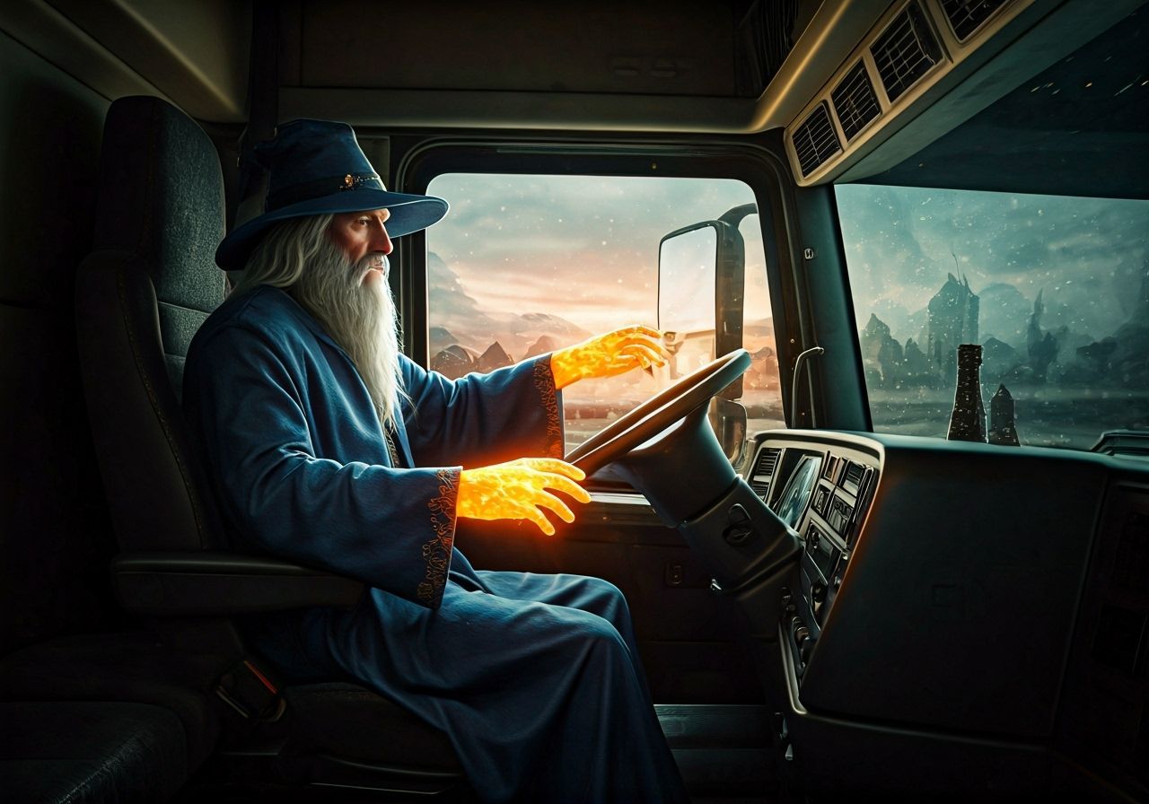 Wizard Controls Semi Truck in Cinematic Film Still