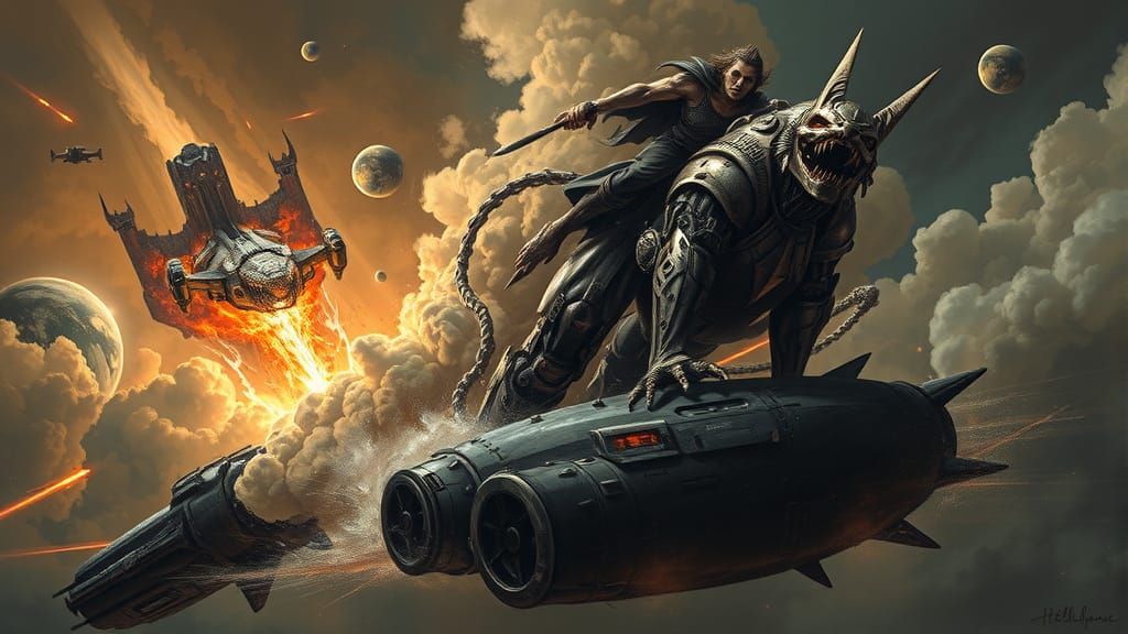 Cybernetic Warrior Rides Fiery Beast