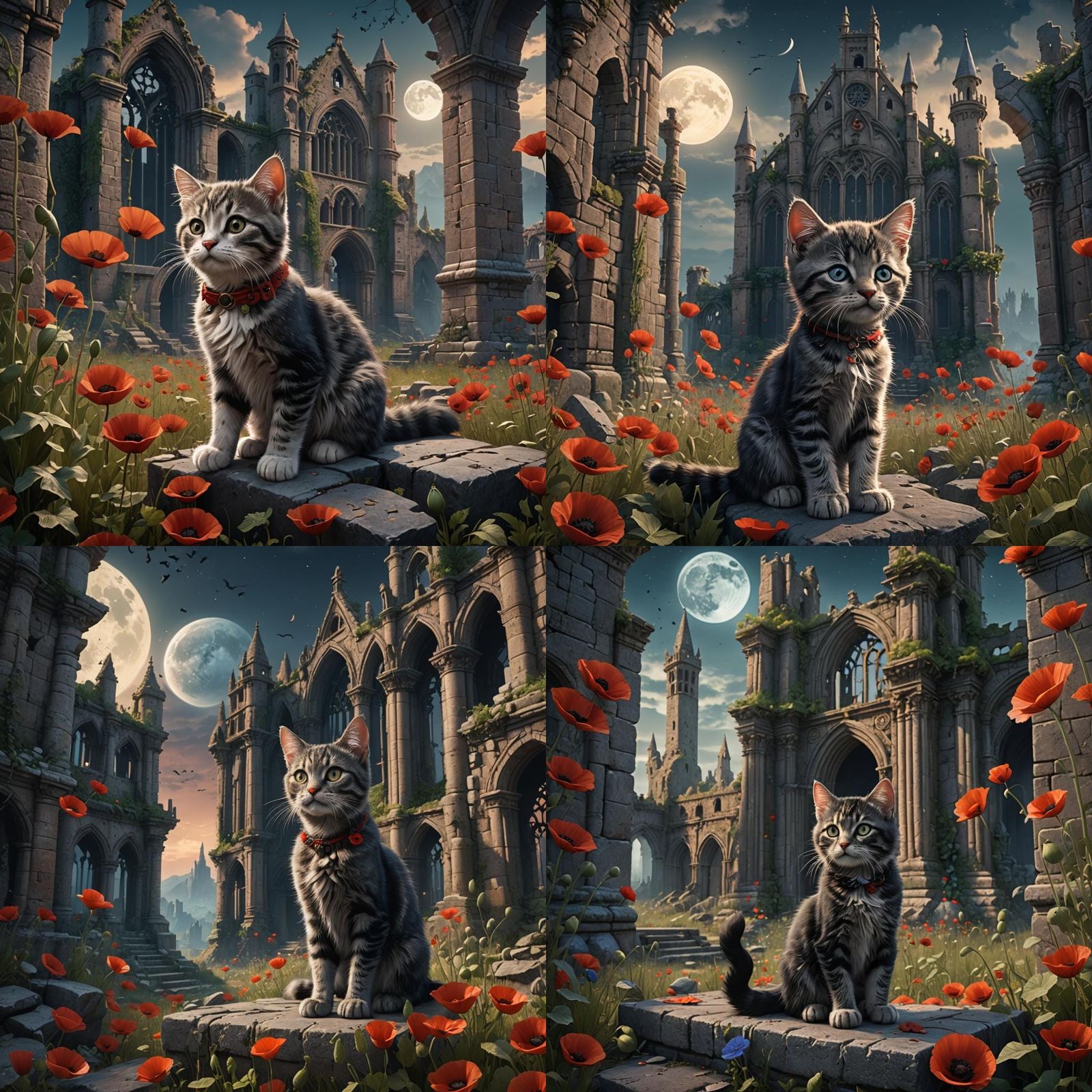 Kitten, Poppies, and Gothic Ruins in Moonlight