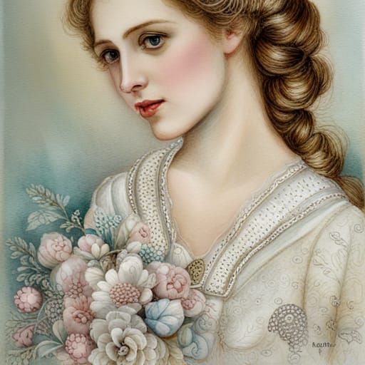 Woman in Lace Dress with Flowers: Watercolor Style