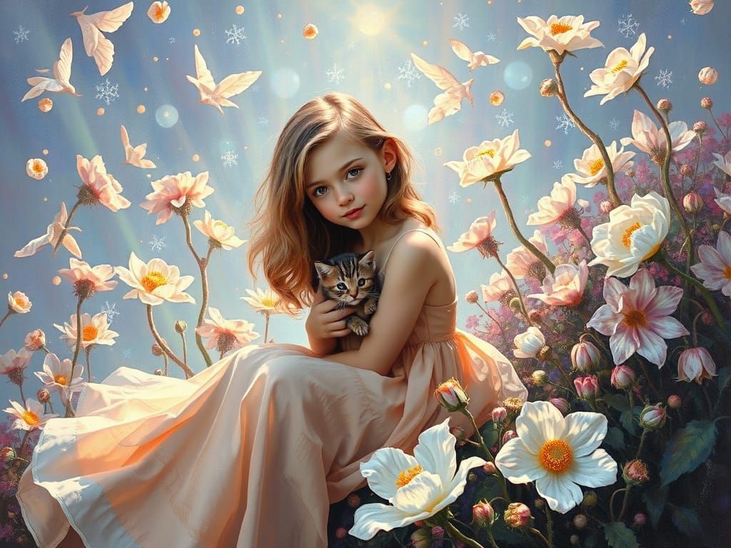 Girl with Kitten in Dreamscape, Neo-Impressionist Style