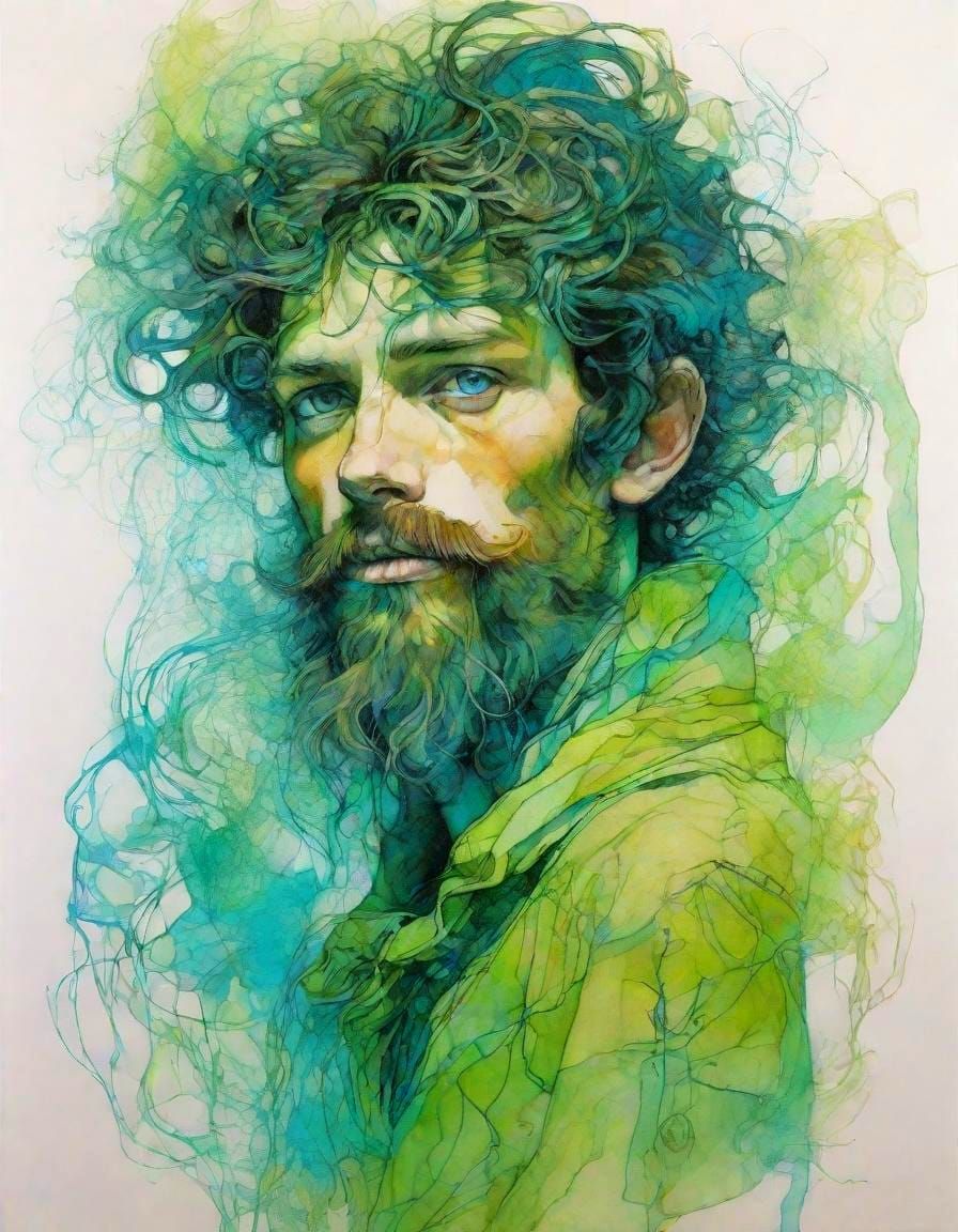 Art Nouveau Portrait in Lime Green and Teal