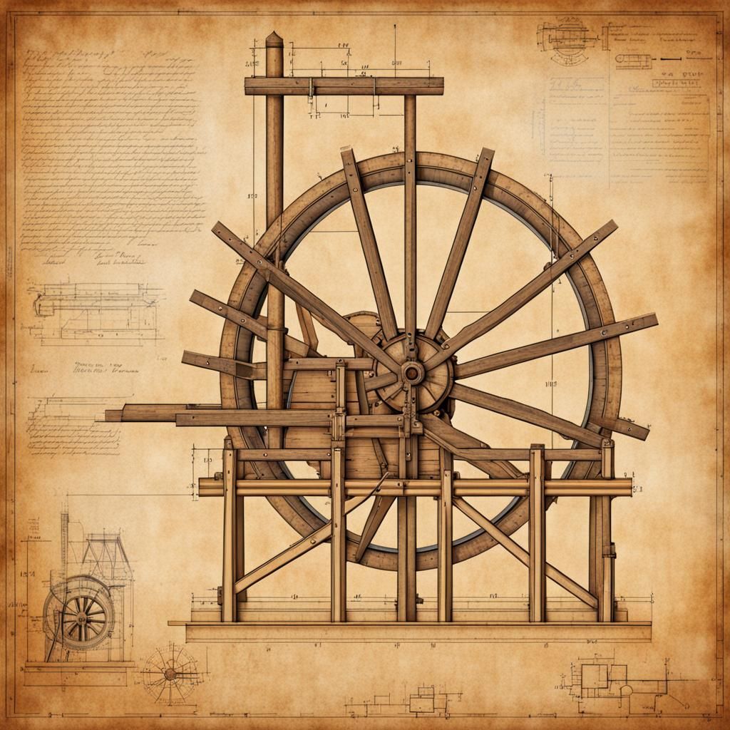 Ancient Water Wheel Mill Blueprint