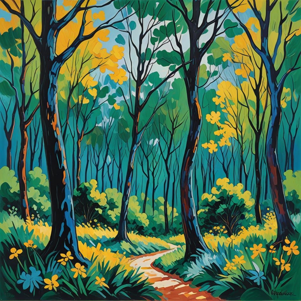 Vibrant Fauvist Forest with Dancing Trees