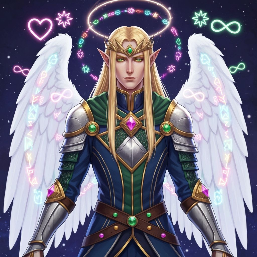 Elf King Glenoriel with Angel Wings and Glowing Runes